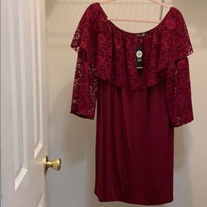 Plus size wine red off shoulder flare sleeve dress